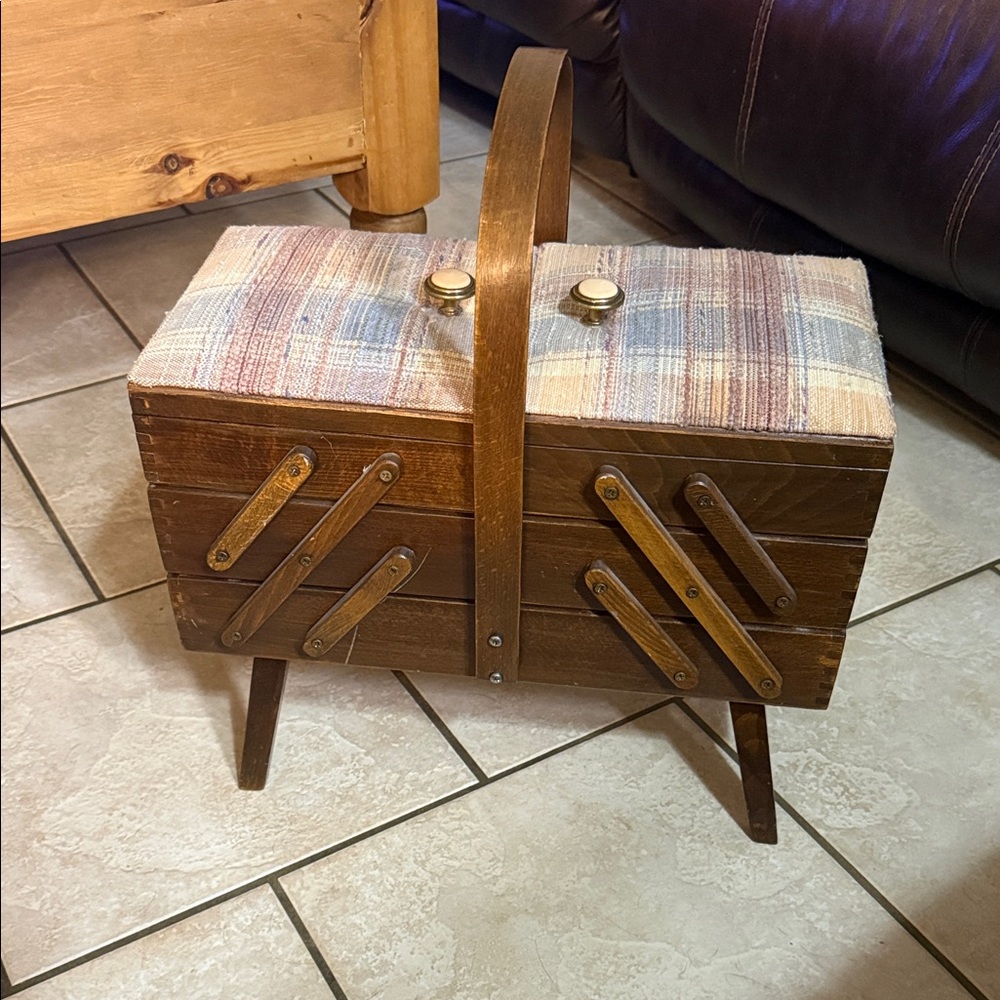 Vintage Wooden Sewing Box with Plaid Fabric Top